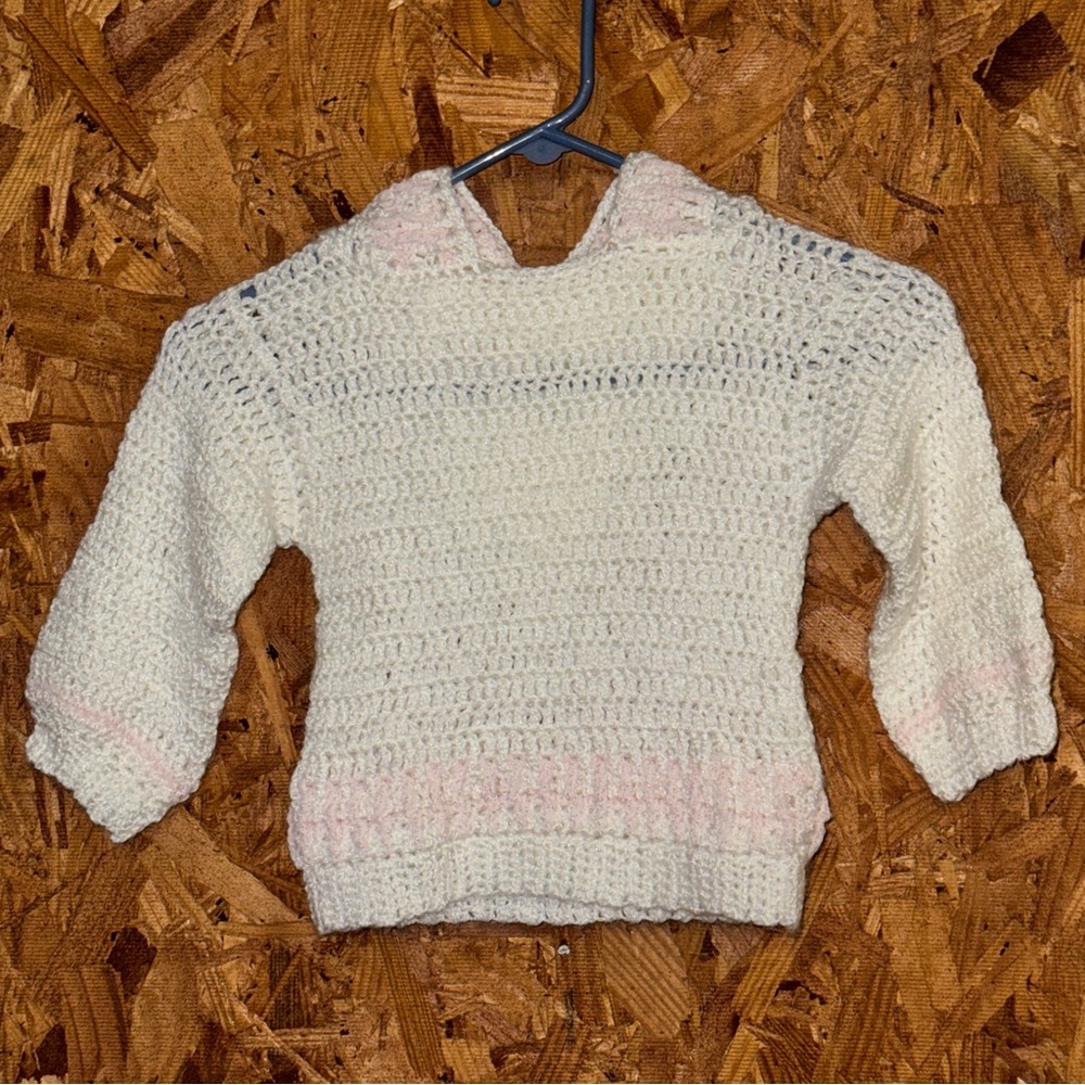 Girls 3T Hand-Crocheted Hoodie Sweater Pullover Top White/Pink Girly Cozy Comfy‎